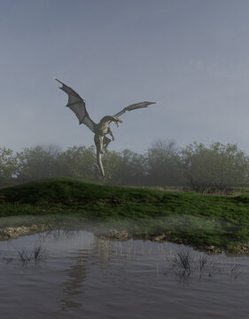 Fantasy illustration of a green marsh dragon hovering over a pool of calm water, 3d digitally rendered illustration