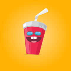 vector funny cartoon cute red party paper cola cup with straw and sunglasses isolated on orange background. funky smiling summer drink character