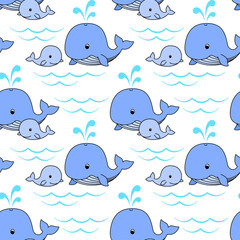 Mother whale and baby whale swim on the waves, cute blue whales on a white background. Vector seamless pattern for wrapper, wrapping paper, packaging, kid's wallpaper, printing on textile and clothes