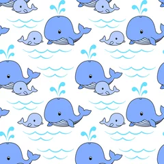 Deurstickers Walvis Moederwalvis en babywalvis zwemmen op de golven, schattige blauwe vinvissen op een witte achtergrond. Vector naadloos patroon voor wikkel, inpakpapier, verpakking, kinderbehang, bedrukking op textiel en kleding