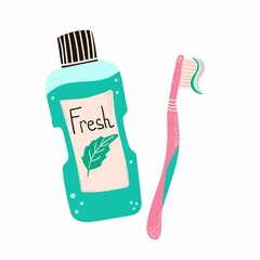 Cleaning mouth tools doodle. Toothbrushes with toothpaste and bottle, hand drawn morning hygiene, oral care concept. Vector cartoon isolated poster