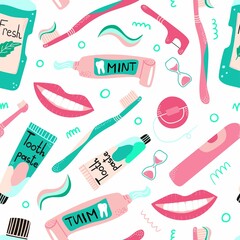 Cleaning mouth tools doodle seamless pattern. Toothbrush, toothpaste and dental floss, hand drawn morning hygiene, oral care, creative design textile, wrapping paper, wallpaper vector texture