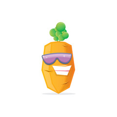 vector funny cartoon carrot character with sunglasses isolated on white background. funky smiling summer vegetable character