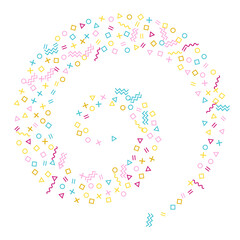 Memphis style geometric confetti background with triangle, circle, square, zigzag and wavy line