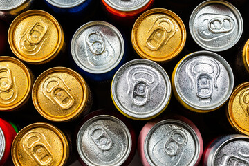 Group of aluminium cans, cold drink. Top view.