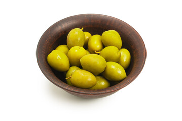 Olives in ceramic brown bowl isolated on white