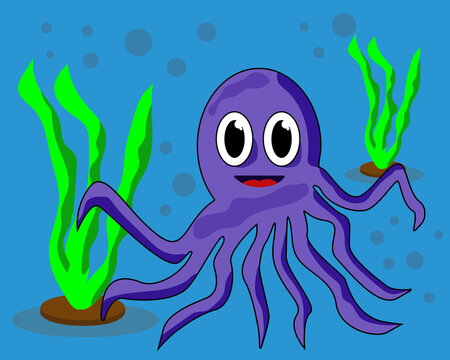 Smiling octopus at the bottom of the sea. Vector illustration