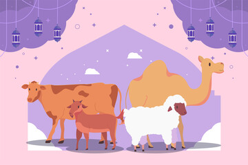 Eid Al Adha Background With Camel, Cattle, Goat, And Sheep Character Premium Vector