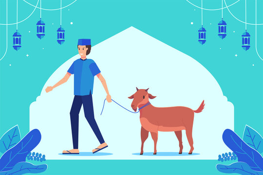 Man With Goat Illustration. Eid Al Adha Background. Premium Vector
