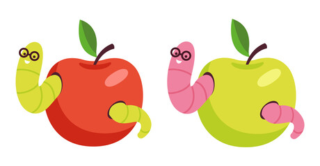 Set of red and green apples with worms