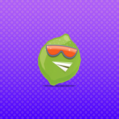 vector funny cartoon green lime character with sunglasses isolated on violet background. funky smiling summer lime citrus fruit character