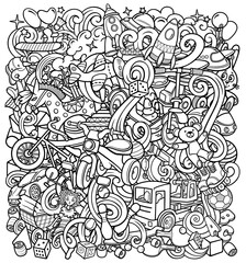 Cartoon doodles hand drawn kids toys illustration.
