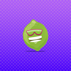 vector funny cartoon green lime character with sunglasses isolated on violet background. funky smiling summer lime citrus fruit character