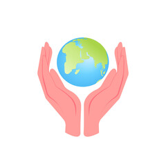 The planet earth is located between two large palms. Hands are holding a globe. Vector illustration, cartoon color design, isolated on white background, eps 10.