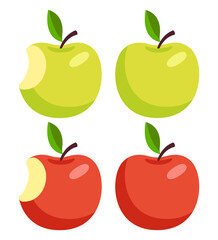 Set of green and red whole and bitten apples