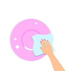 Obraz premium A hand washes a pink plate with a rag. Clean dishes sparkle, shine. Vector illustration, flat cartoon color design, isolated on white background, eps 10.