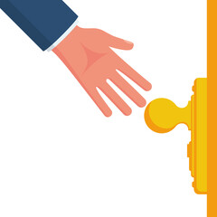 The hand of a man in a suit opens the door. Doorknob isolated on a white background. Landing page to come in or exit. Vector illustration flat design.