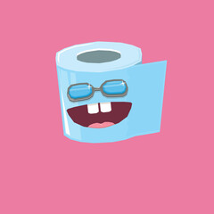 vector funny cartoon toilet paper roll character with sunglasses isolated on pink background. funky smiling kawaii tolet paper roll character