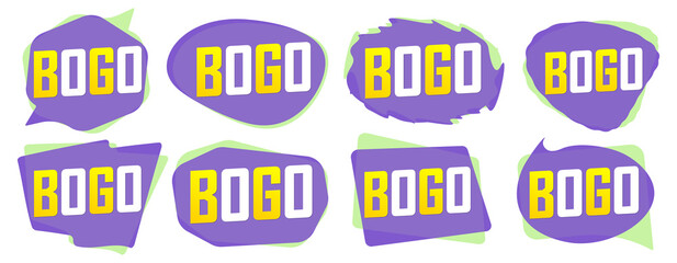 BOGO, set sale bubble banners design template, discount tags, buy 1 get 1 free, app icons, vector illustration