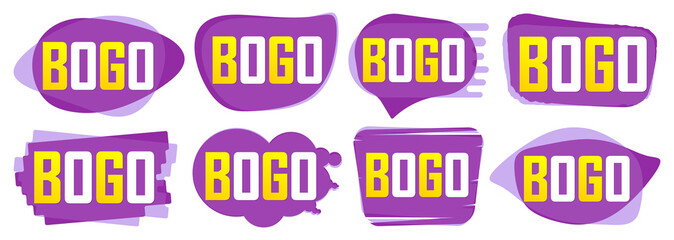 BOGO, set sale bubble banners design template, discount tags, buy 1 get 1 free, app icons, vector illustration