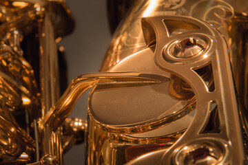 Close up detail of the workings of an alto saxophone