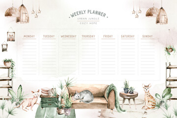 Watercolor trendy interior bohemian weekly planner with mid century modern furniture. Interior hugge Decor Scene. Cozy living room with houseplant, Urbun jungle Watercolor illustration.  Stay at home