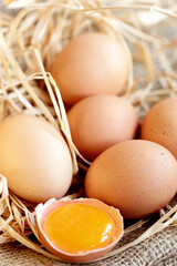 Eggs over jute sack background. Happy easter.