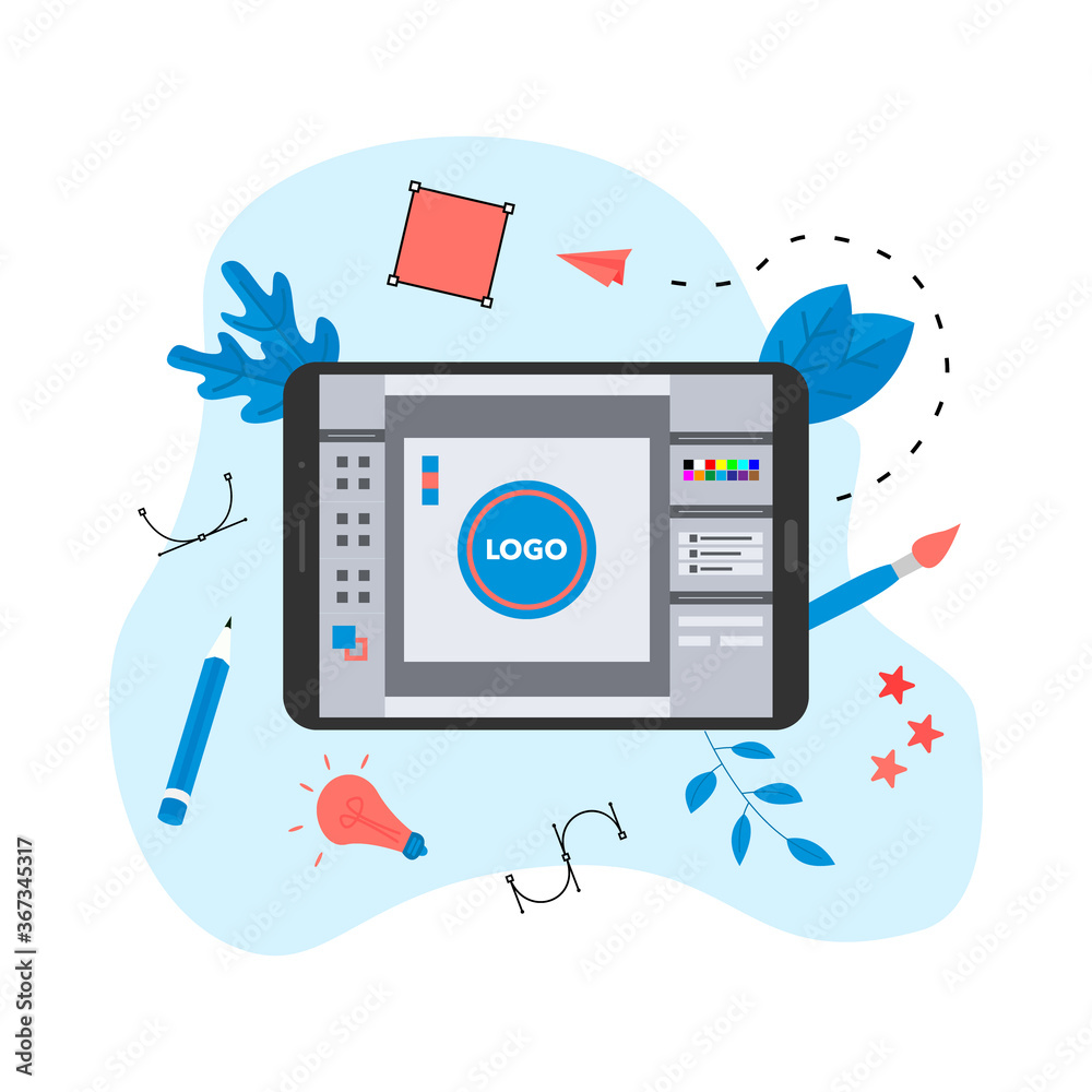 Poster flat vector graphic design concept with designer with an open design application with a creative pro