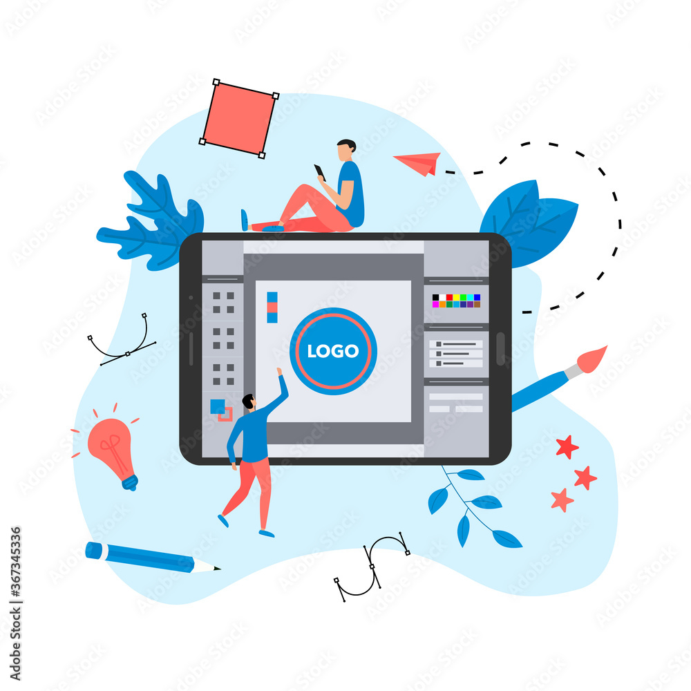 Poster flat vector graphic design concept with designer with an open design application with a creative pro
