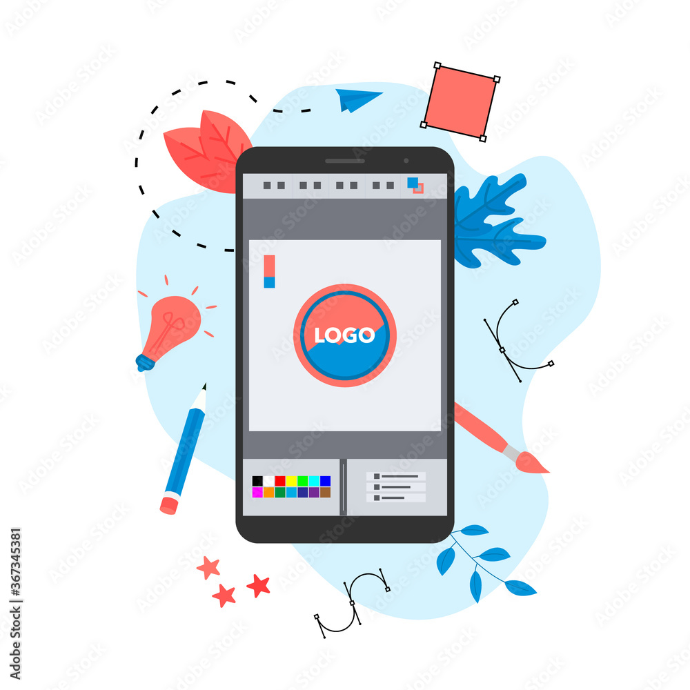Poster flat vector graphic design concept with designer with an open design application with a creative pro
