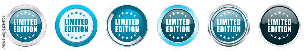 Aufkleber limited edition silver metallic chrome border icons in 6 options, set of web blue round buttons isol