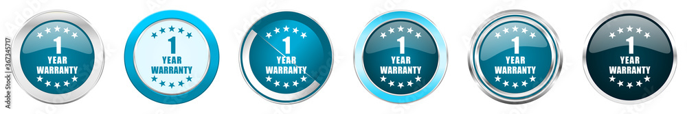 Aufkleber warranty guarantee 1 year silver metallic chrome border icons in 6 options, set of web blue round bu