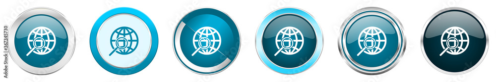Poster search silver metallic chrome border icons in 6 options, set of web blue round buttons isolated on w