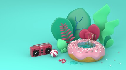 Donut pool with beach equipment, tape recorder, minimal summer holiday, vacation creative concept, stay at home