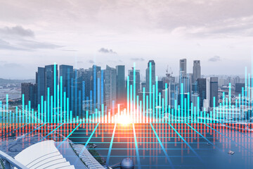 Forex and stock market chart hologram over panorama city view of Singapore, the financial center in Asia. The concept of international trading. Double exposure.