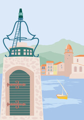 A travel poster depicting Collioure, a French fishermen village with a landmark bell tower, the lighthouse and a traditional Catalan boat, vector illustration