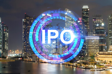 Initial public offering hologram, night panoramic city view of Singapore. The financial center for...