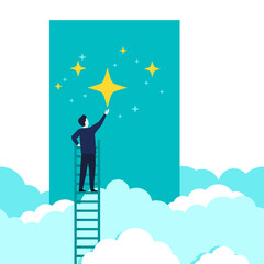 Reaching stars concept - business strategy challenge and success - human cimbing the stairs and catching stars - vector illustration