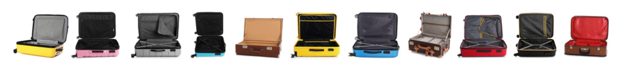 Set of different open suitcases on white background. Banner design