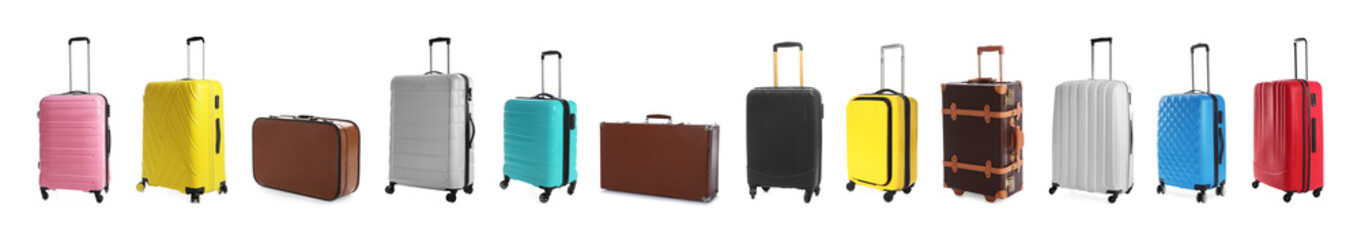 Set of different suitcases on white background. Banner design