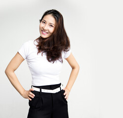 happy healthy asian woman with exercive curve on white