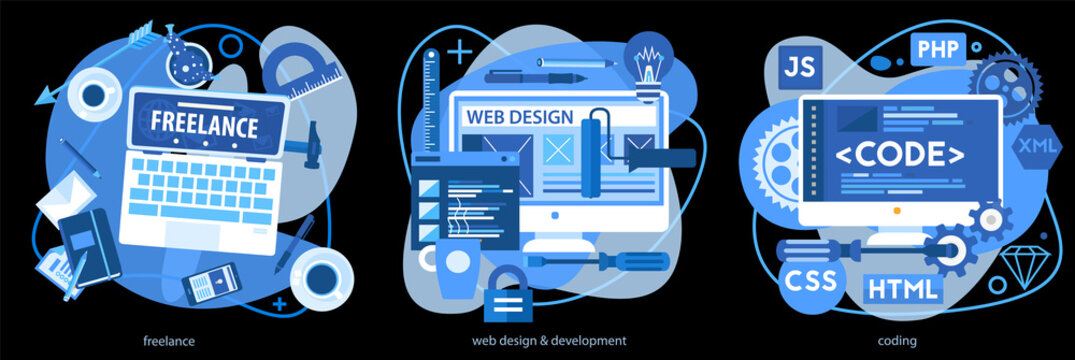Programming and coding, scripting and website development, and freelance concepts. Horizontal banners