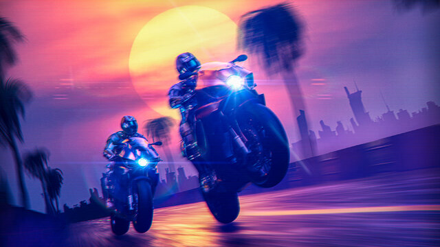 cyberpunk biker on a retrowave sunset with a glitch and high-speed effect - concept art - 3D rendering
