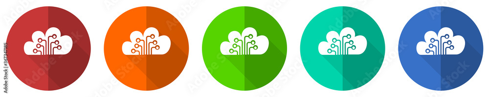 Poster cloud computing icon set, technology, circuit, data, red, blue, green and orange flat design web but