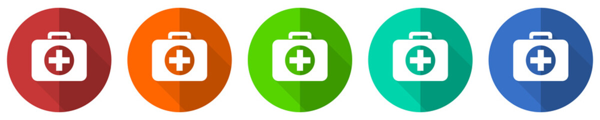 First aid icon set, red, blue, green and orange flat design web buttons isolated on white background, vector illustration