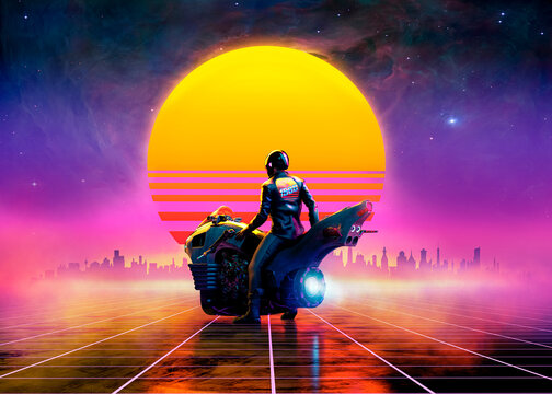 Retrowave biker on a futuristic motorbike on a virtual landscape in the sunset - concept art - 3D rendering