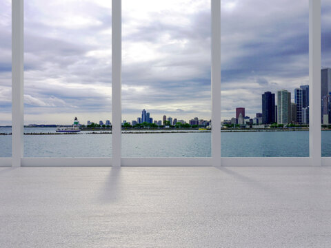 Aussicht auf die Skyline von Chicago aus einem Fenster für Mockups und Produktvorstellungen