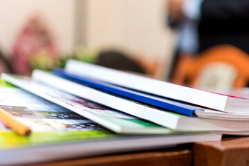 Education book report in school, Class documents of Binders file Paperwork Document on teacher desk office, Annual Reports document for education evaluation in student study in school