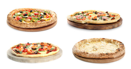 Set with different tasty pizzas on white background