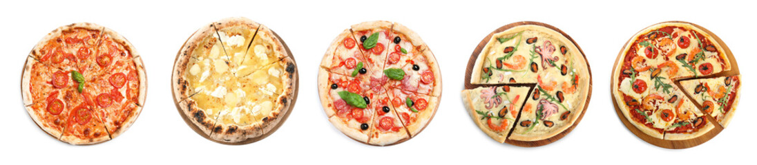 Set with different tasty pizzas on white background, top view. Banner design